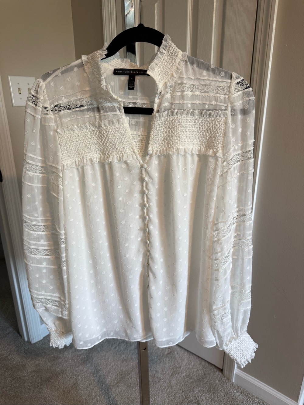 White House Black Market Cream Swiss Dot Lace-Trim Button Front Blouse
